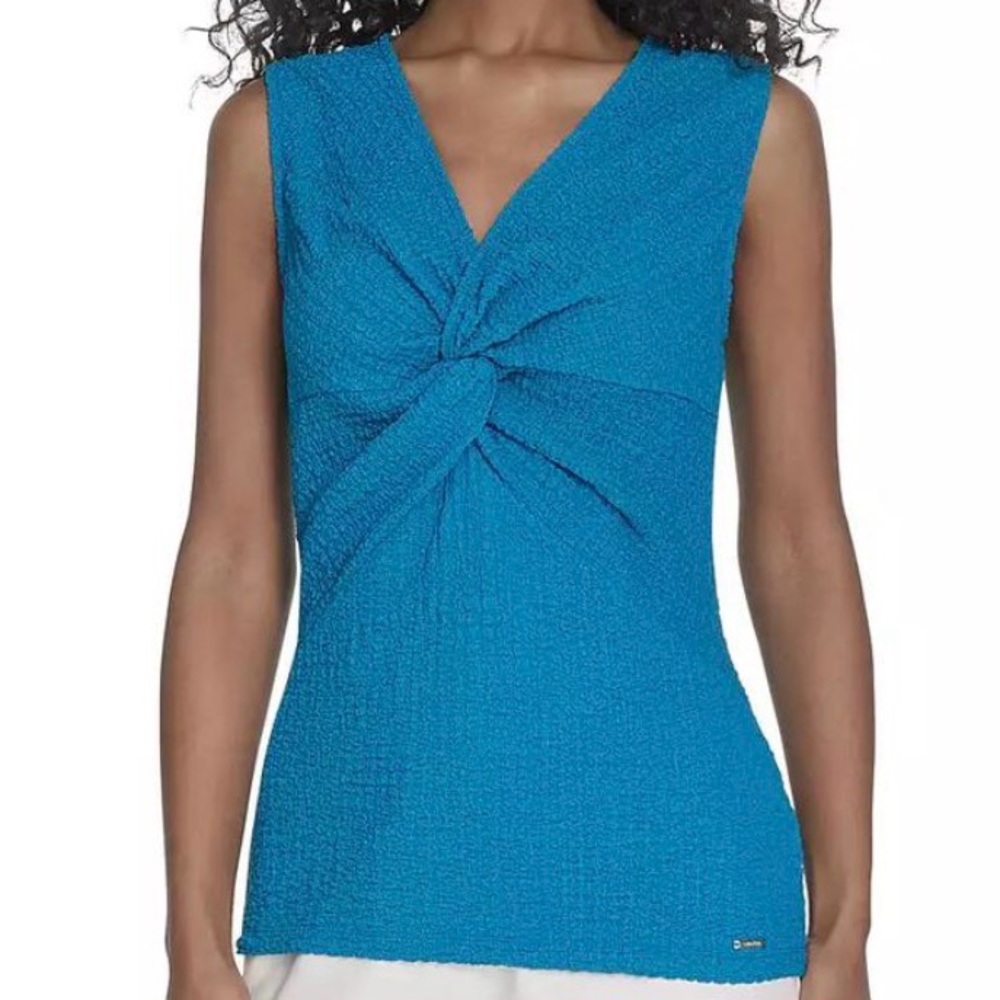 Calvin Klein Womens Sleeveless Twist Front Textured Blouse Teal size medium NEW